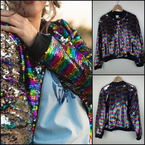 Bright Rainbow Flip Sequin Bomber Jacket Coat